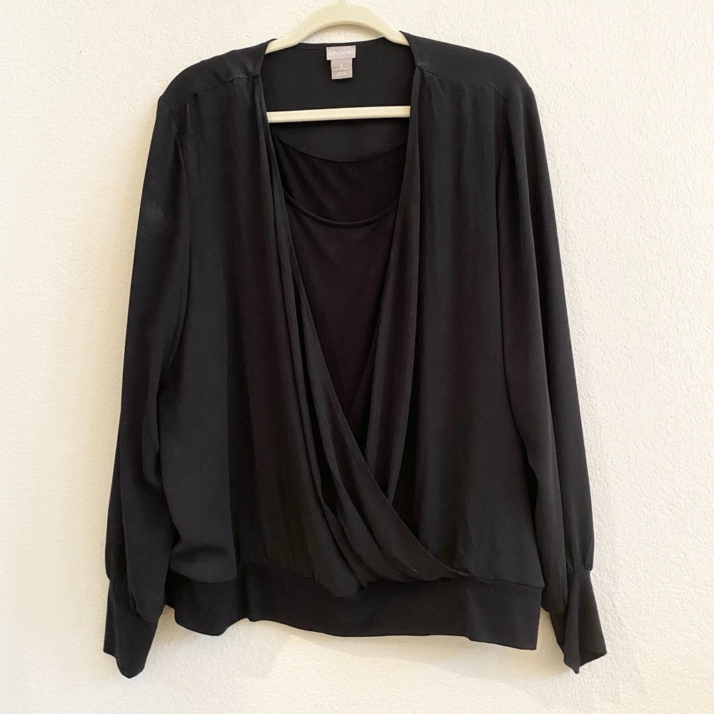 Chico's Women's Black‎ Top Faux Wrap Layered Knit Blouse 3 US 16/18